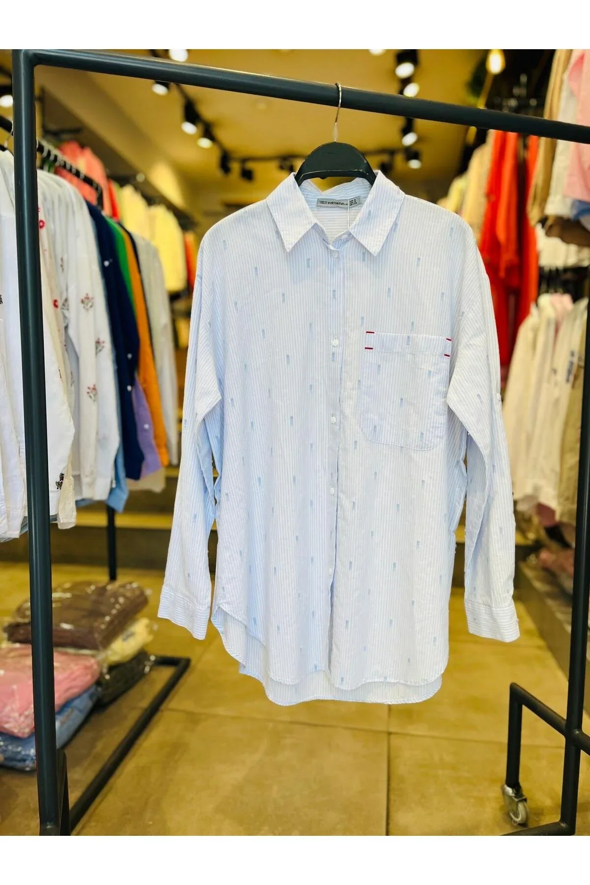 Çizgili Jakarlı %100 pamuk Oversize Gömlek